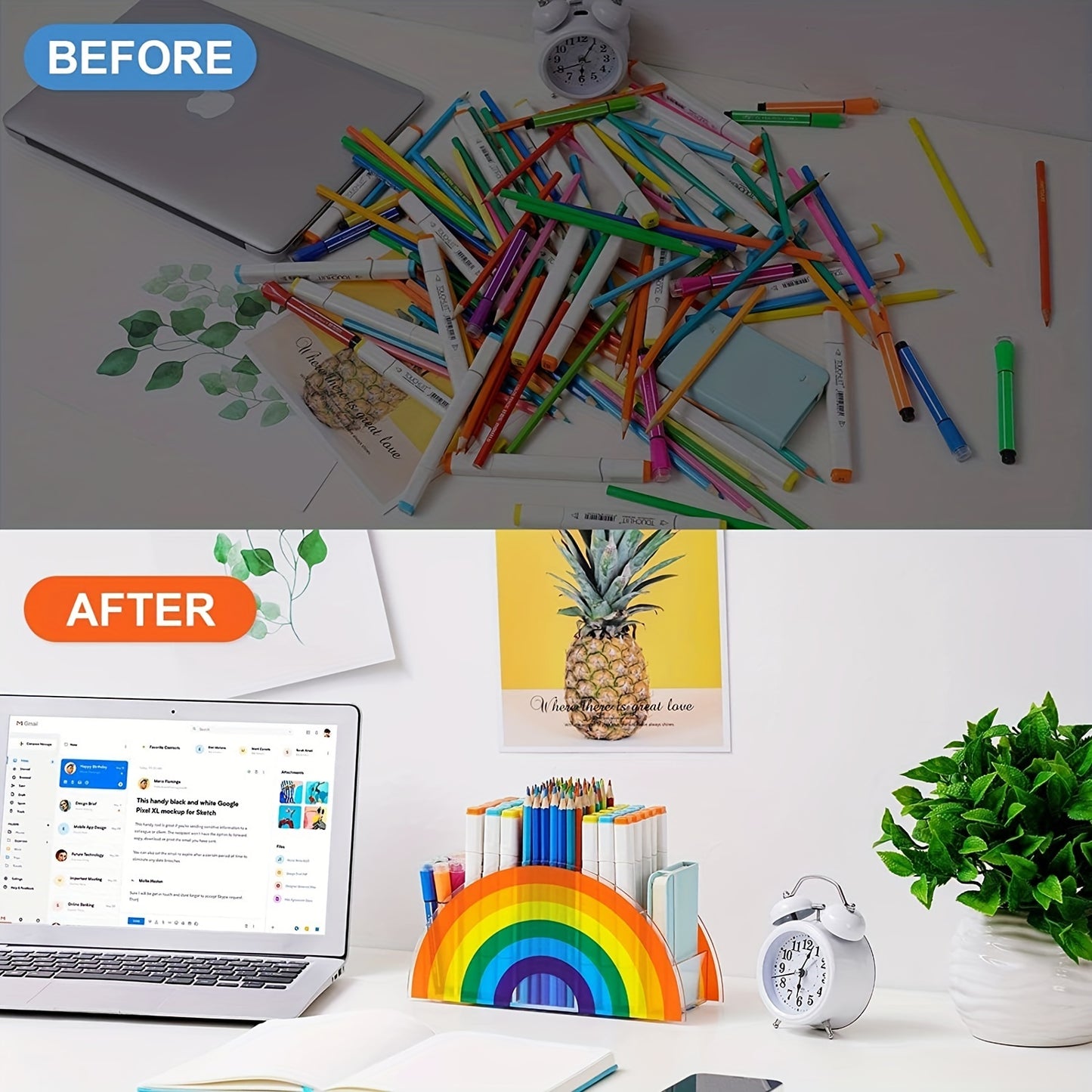 Acrylic Pen Holder, Clear Desk Organizer, Pen Organizer For Desk, Cute 5 Compartments Pencil Holder, Desktop Stationery Organizer For Office Storage\u002FSchool\u002FArt Supplies\u002FHome, Rainbow Colour