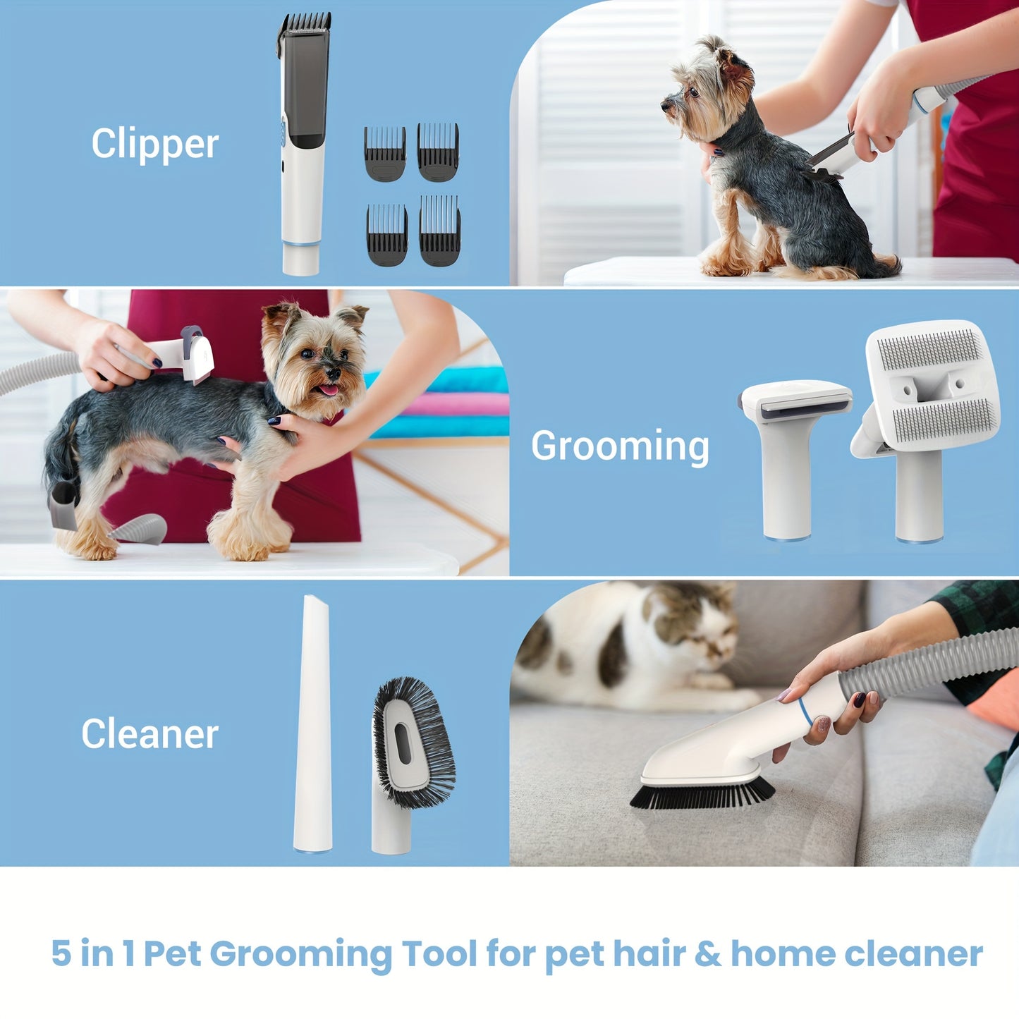 Toiletteur de cheveux de chien, vide silencieux mais puissant de toilettage d'animal familier avec le kit de toilettage de 5 animaux de compagnie et la corde escamotable de 15ft, vide facile à utiliser et propre de chien pour le toilettage de remise