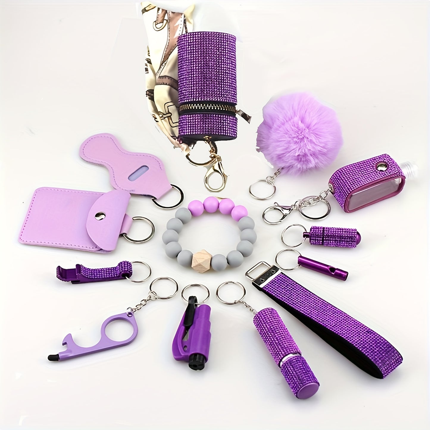 Ensemble de porte-clés 13pcs pour les femmes et les filles avec porte-cartes, boîte à pilules, bracelet, porte-rouge à lèvres, ensemble d'accessoires de porte-clés Portable