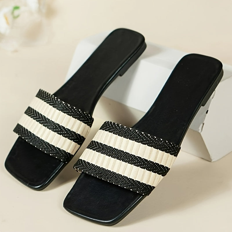 Damen-Slide-Sandalen mit gestreiftem Muster, flache Sommerschuhe mit quadratischen Zehen, leichte Strands chuhe