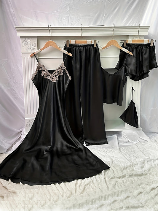 5 Piece Satin Sleep Set, Lace Trim Slip Dress + Cami Top + Ruffle Shorts + Lounge Pants, Women's Loungewear & Sleepwear