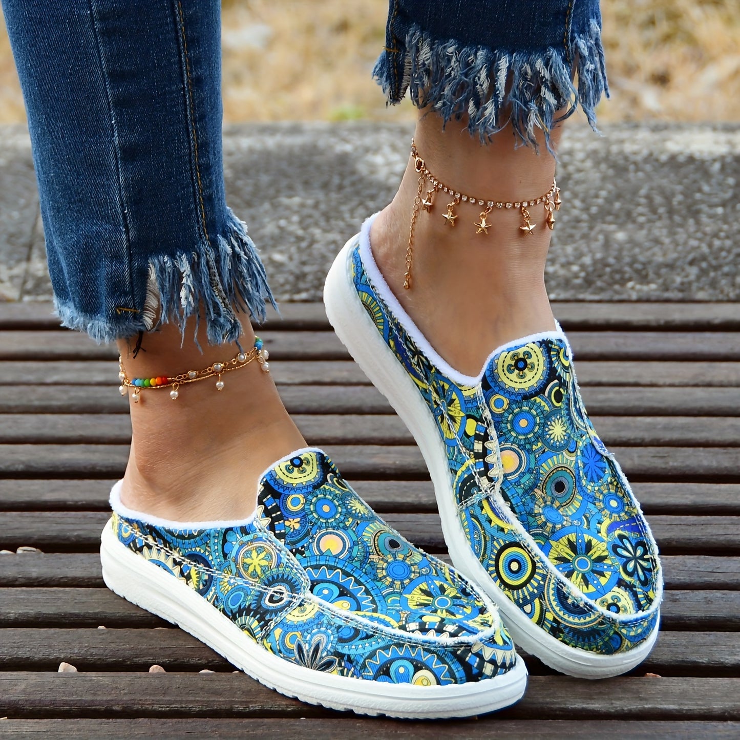 Women's Colorful Floral Print Canvas Shoes, Fashion Slip On Flat Backless Loafers, Casual Walking Shoes