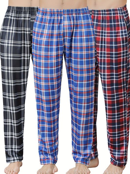 3pcs Men's Simple Style Plaid Pattern Casual Comfy Pants, Trendy Loose Stretchy Elastic Waist Home Pajamas Bottom, Suitable For Sleeping Home