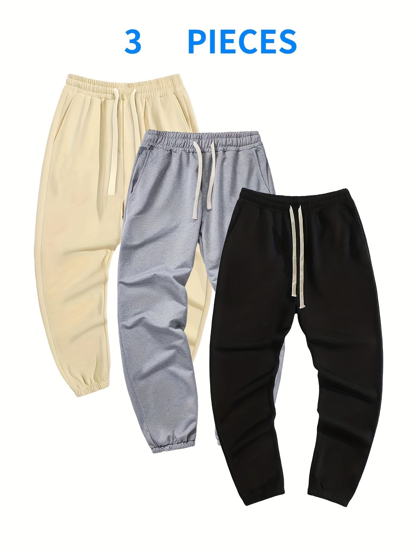 Conjunto de 3 peças de moletom sólido, calça de moletom com cordão, calças de ajuste solto, casual, ligeiramente elástico, para homens, primavera, outono, corrida, corrida