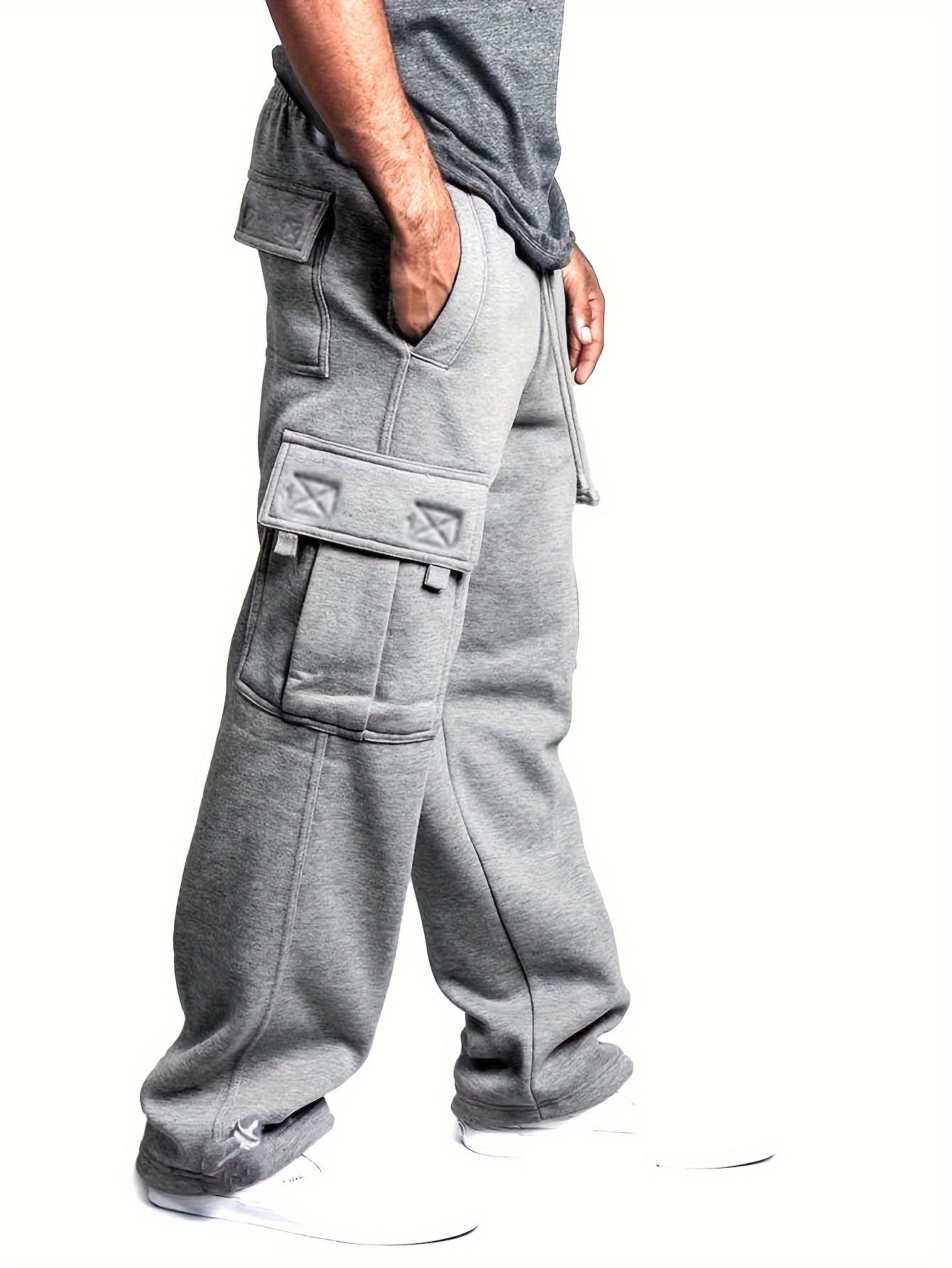 Plus Size Men's Relaxed Fit Cargo Trousers With Pockets, Oversized Casual Drawstring Pants For Big And Tall Guys