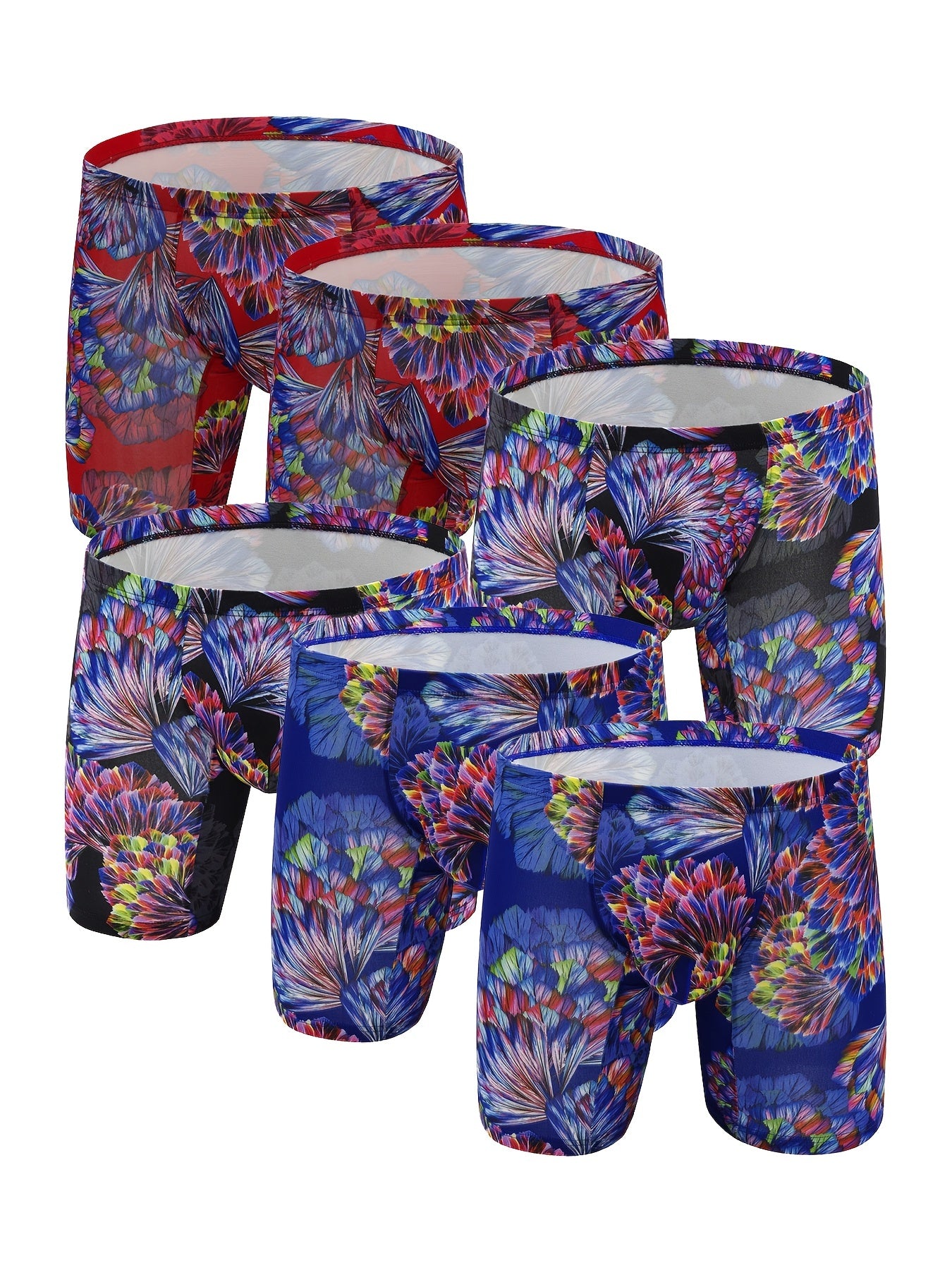 6 peças masculinas com padrão de flores, personalidade da moda, cuecas boxer de perna longa, respiráveis, confortáveis, de secagem rápida e elásticas, cuecas boxer em forma de U, calcinhas com bolsa convexa em forma de U, roupas íntimas masculinas