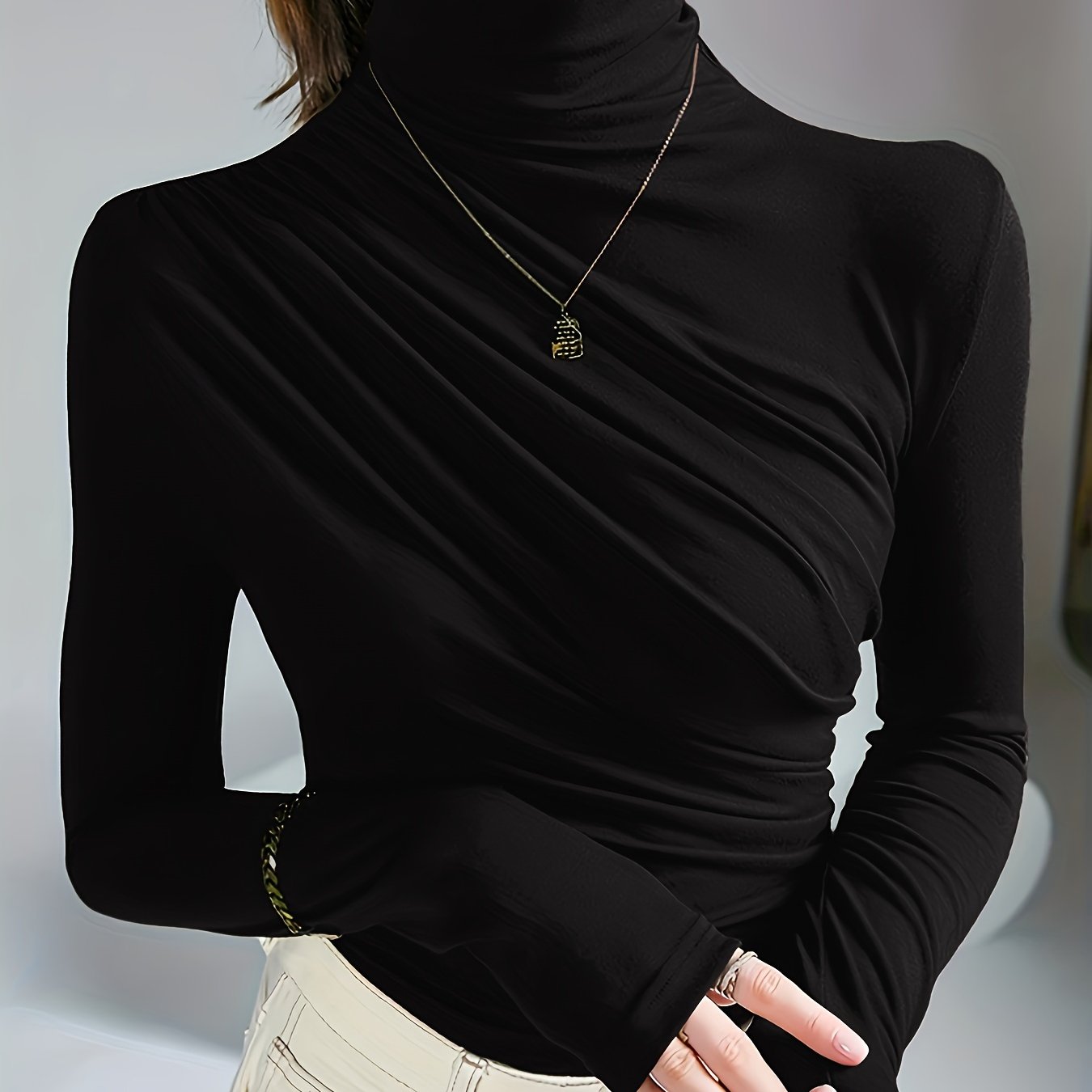 Solid Ruched Mock Neck T-Shirt, Elegant Long Sleeve Top For Spring & Fall, Women's Clothing