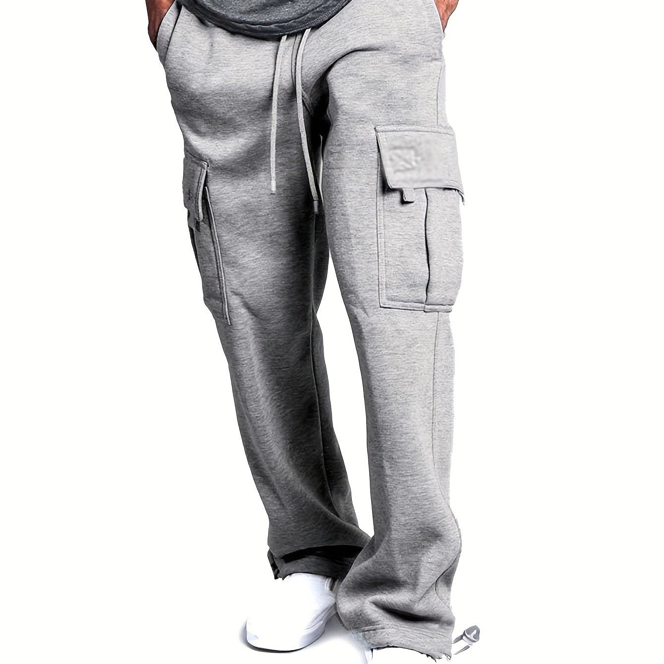 Plus Size Men's Relaxed Fit Cargo Trousers With Pockets, Oversized Casual Drawstring Pants For Big And Tall Guys