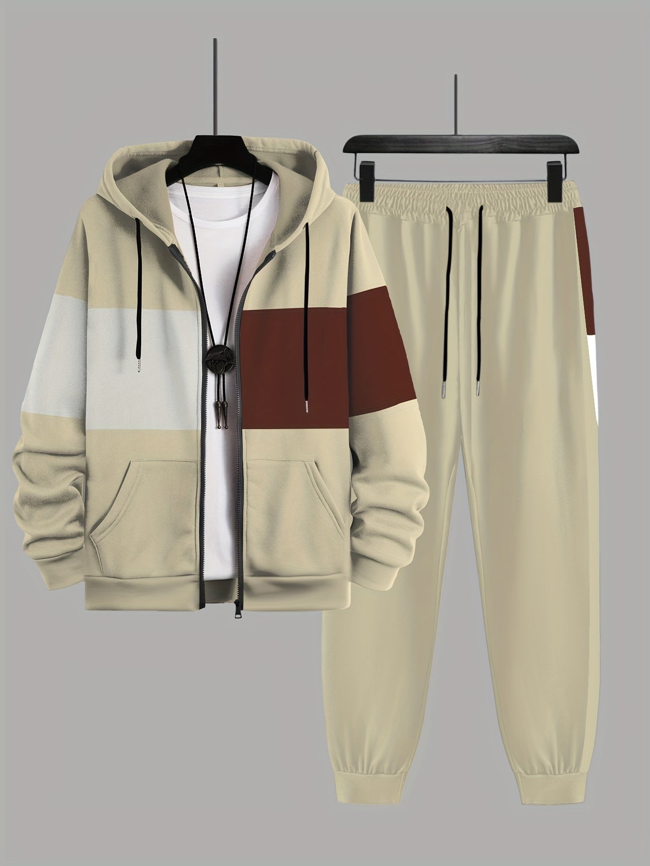 Plus Size Men's 2Pcs Outfits, Contrast Hooded Jacket & Joggers Set For Spring Fall Winter, Men's Clothing