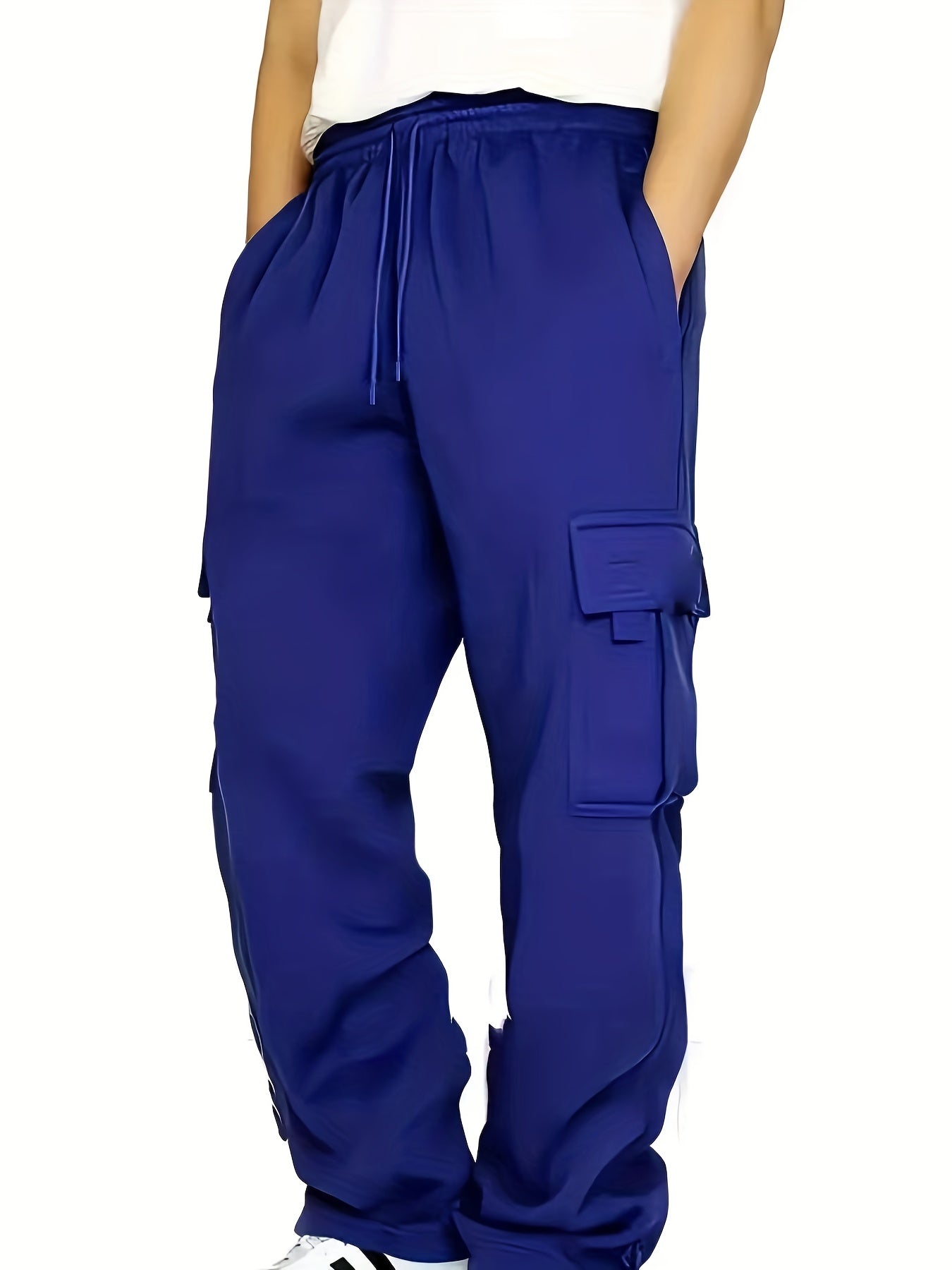 Plus Size Men's Relaxed Fit Cargo Trousers With Pockets, Oversized Casual Drawstring Pants For Big And Tall Guys