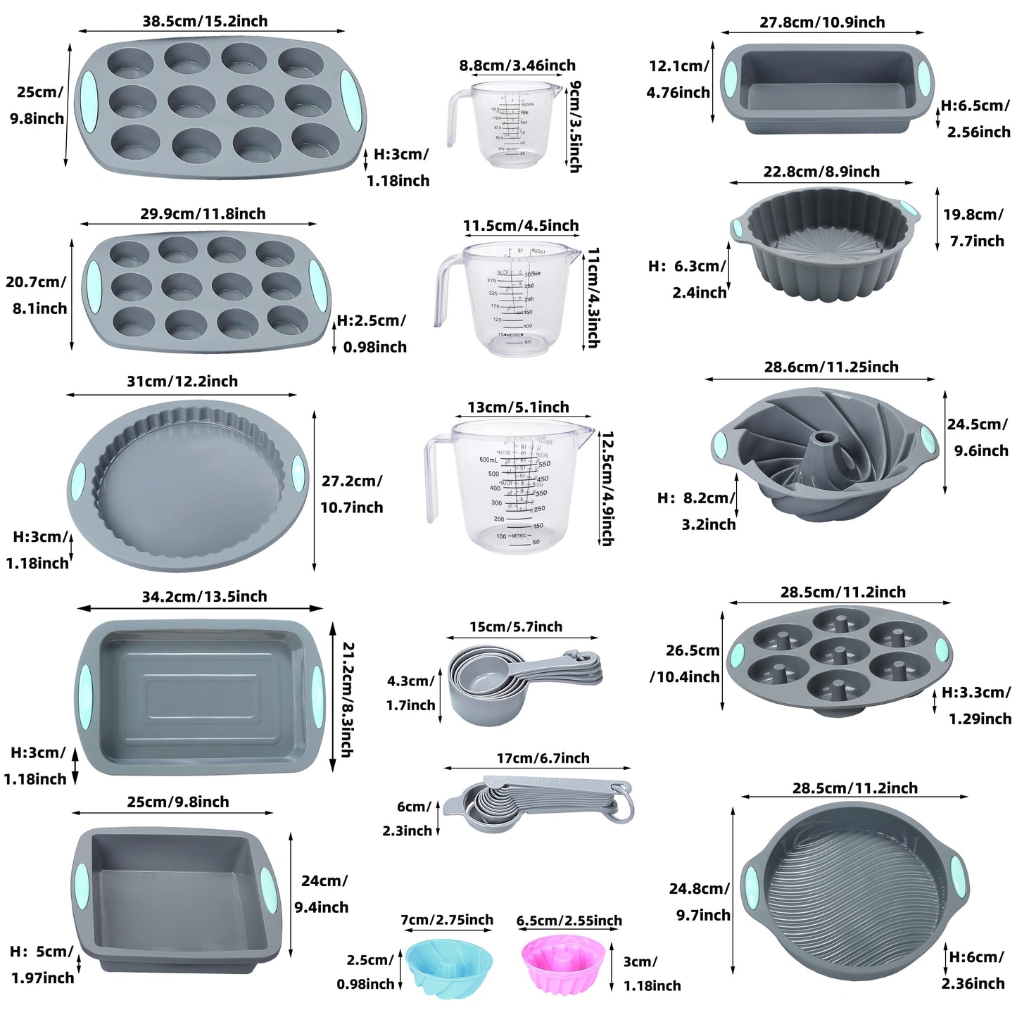 45pcs \ u002Fset, juego de hornear de silicona, juego de utensilios para hornear antiadherente para hornear hojas de galletas para pasteles Muffin Pan, Pan, Cake Pan, Pizza Pan, Mini Cupcake Mold, Bundt Pan, Charlotte Cake Pan, taza de medir y cuchara, he