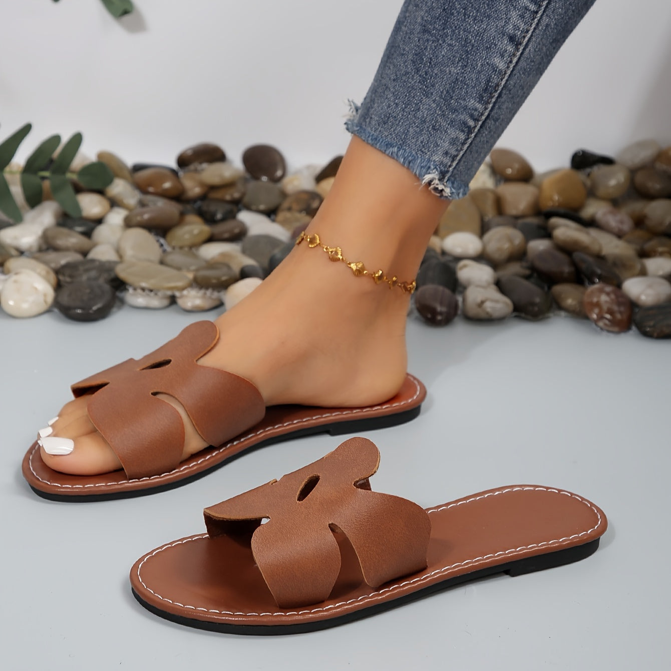 Sandales à glissière simples pour femmes, Chaussures d'été plates décontractées à bout ouvert, Chaussures de plage légères