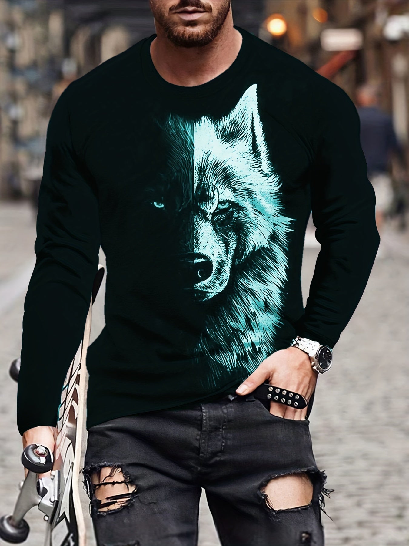 Spleißen Wolf Gesicht Herren Mode Grafik Langarm T-Shirt, Frühling Herbst