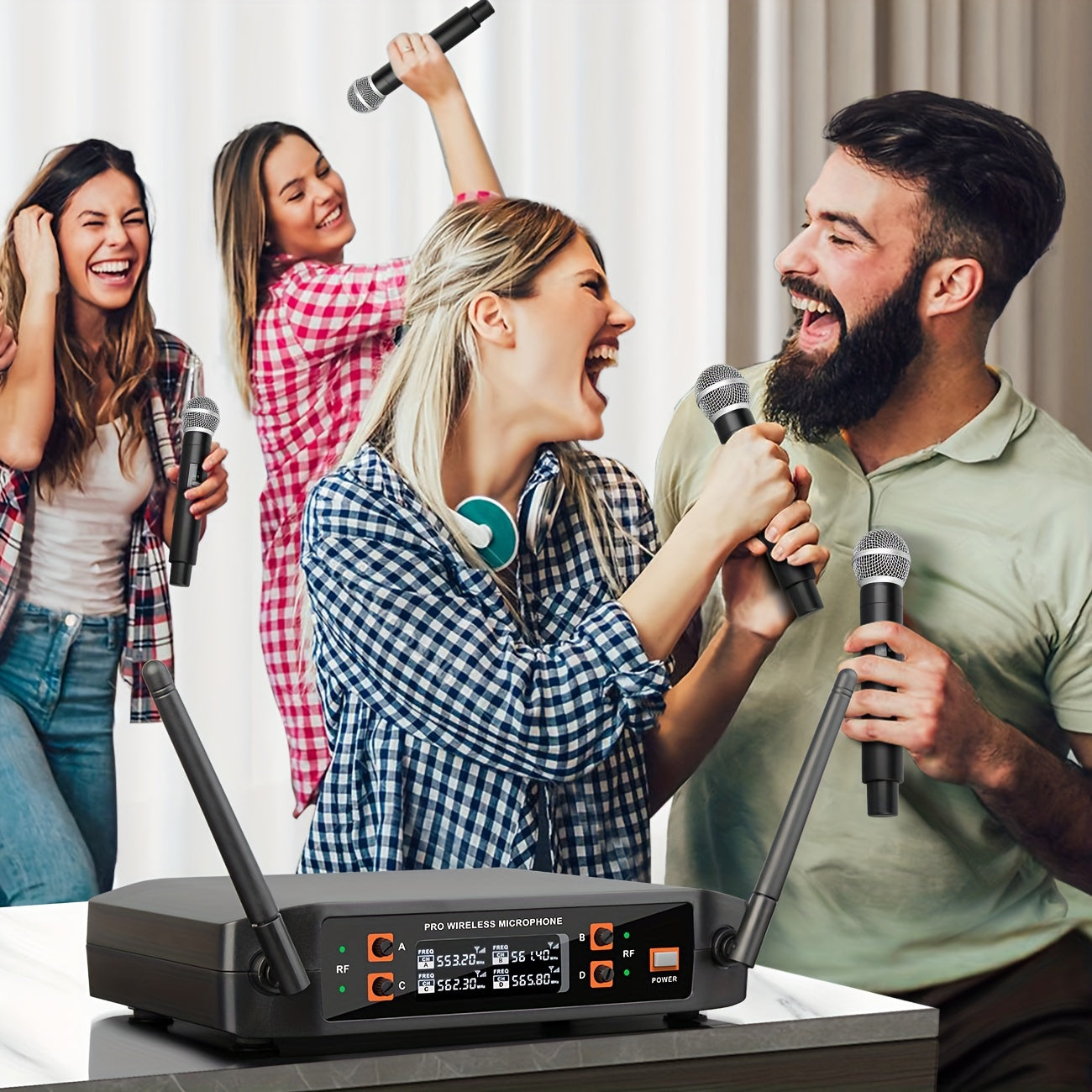 Depusheng DX4 Micrófono inalámbrico, sistema de mano profesional de 4 canales de karaoke para el hogar Karaoke, reunión, fiesta, iglesia, DJ, boda, juego de KTV para el hogar