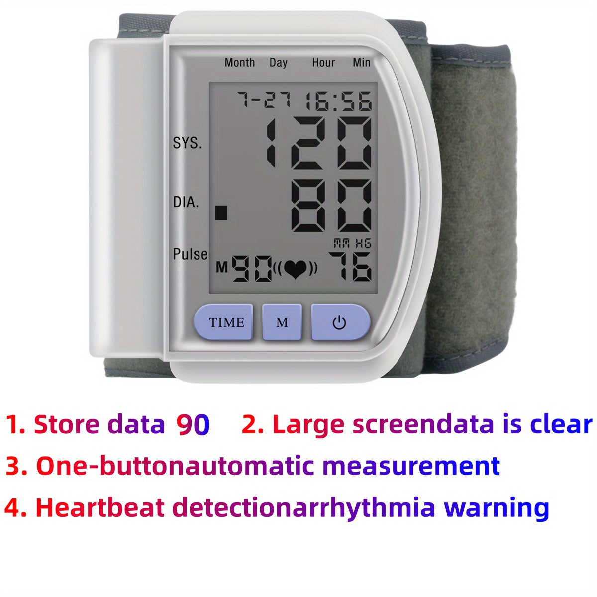 1pc Máquina de presión arterial Muñeca Monitor de presión arterial, LCD Ajustable Brazalete de Muñeca Monitor de Pulso con Detección Irregular de los Latidos del Corazón, Batería no incluida