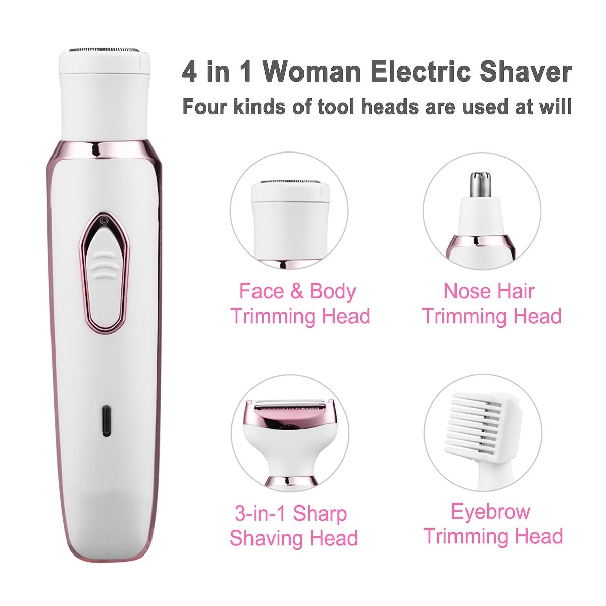 1Set Electric Lady Shaver, Women Razors For Shaving, Cordless 4-in-1 Shaver For Women Face, Legs And Underarm, Portable Bikini Trimmer Wet & Dry Hair Removal, Cordless - Micro USB Rechargeable