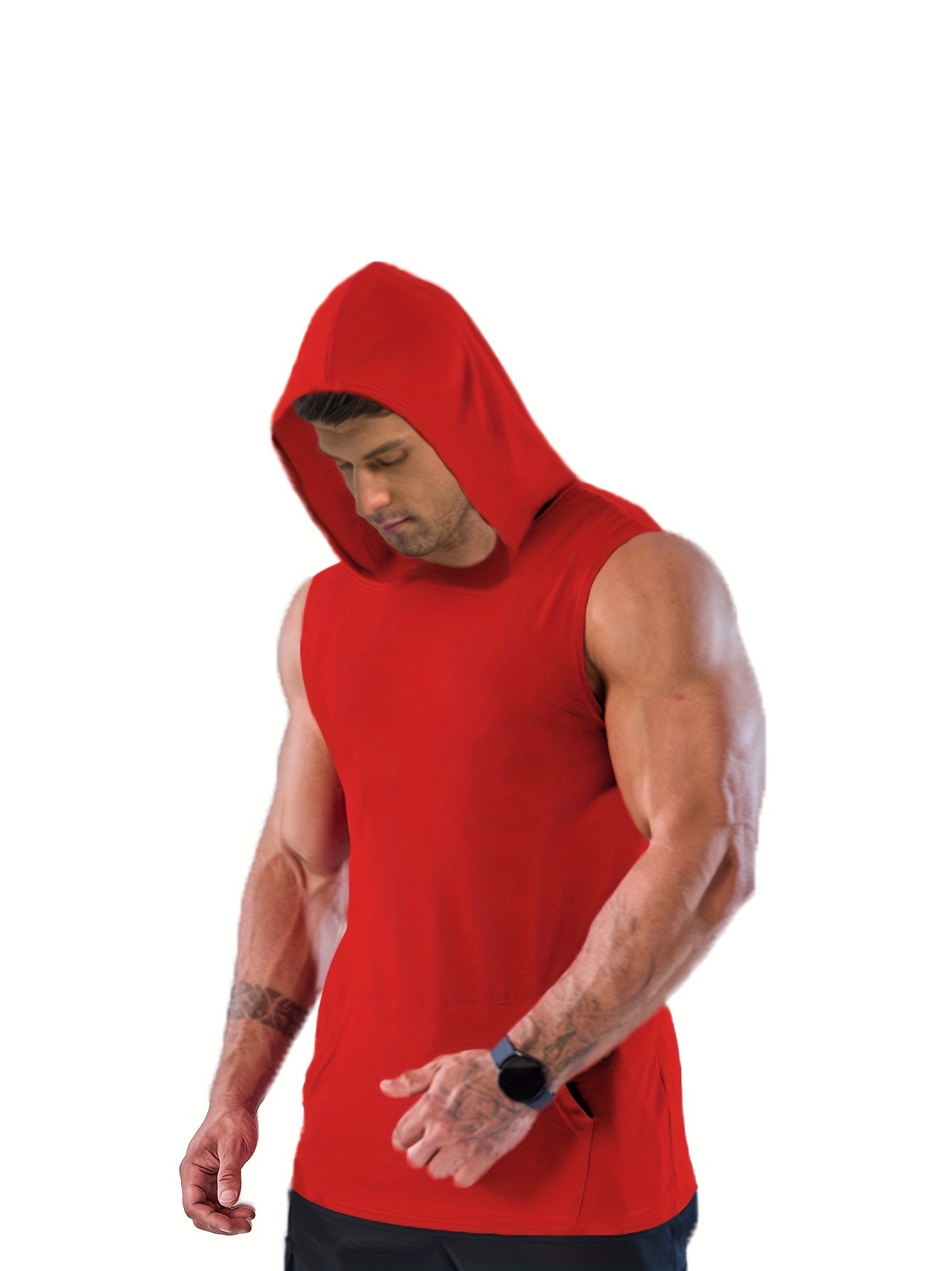 Plus Size Men's Solid Sleeveless Hoodies For Sports, Fashion Casual Hooded Tank Top For Summer, Men's Clothing