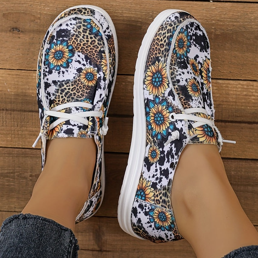 Women's Floral Pattern Canvas Loafers, Slip On Round Toe Lace Up Shoes, Casual & Lightweight Outdoor Shoes