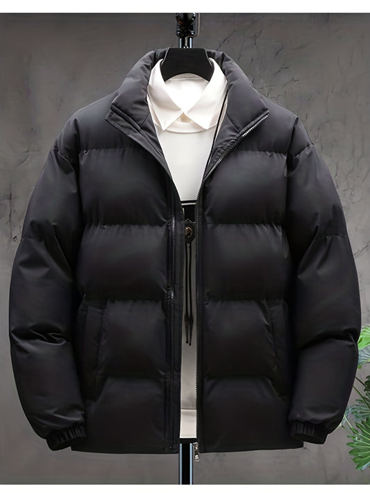 Plus Size Men's Solid Puffer Jacket Band Collar Jacket For Fall Winter, Men's Clothing