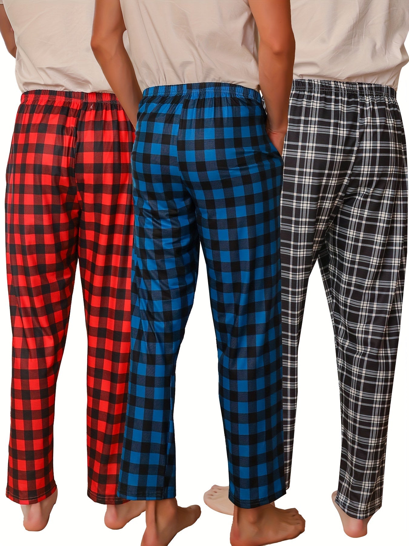 3pcs Men's Simple Style Plaid Pattern Casual Comfy Pants, Trendy Loose Stretchy Elastic Waist Home Pajamas Bottom, Suitable For Sleeping Home