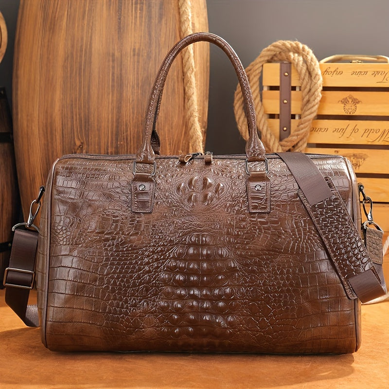 1pc Men's Crocodile Pattern Travel Bag, Casual Top Layer Cowhide Traveling Large Bag