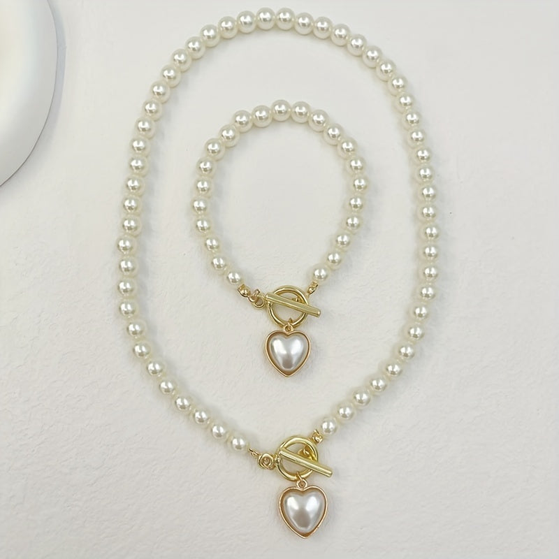 2pcs Necklace + Bracelet Chic Jewelry Set Classy OT Buckle & Sweet Heart Design Made Of Milky Stone 14k Gold Plated Match Daily Outfits Gift For Female