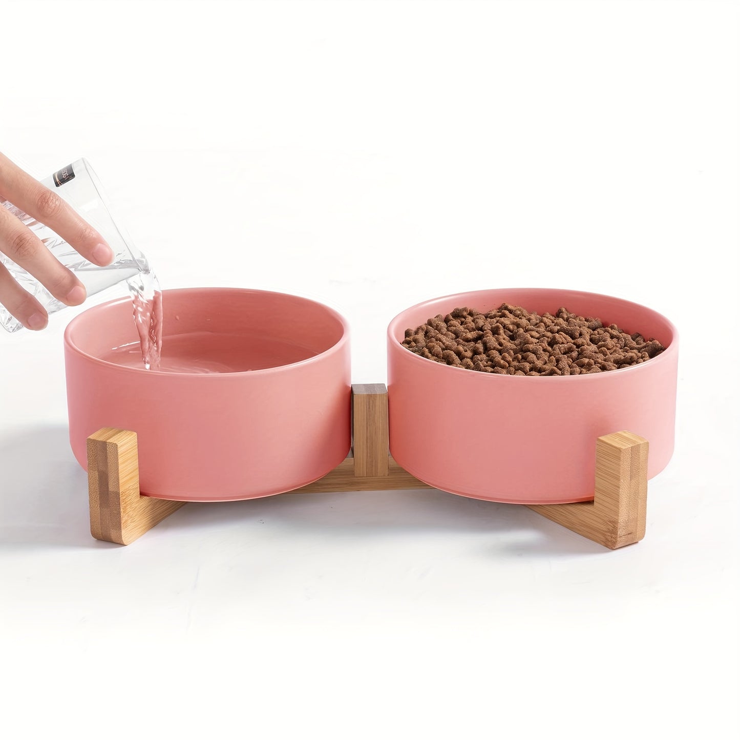 Elevated Pet Double Bowls, Ceramic Non-slip Cat Food And Water Bowl With Wooden Stand, Easy To Clean Cat Feeding Basin For Small Sized Cats And Dogs .