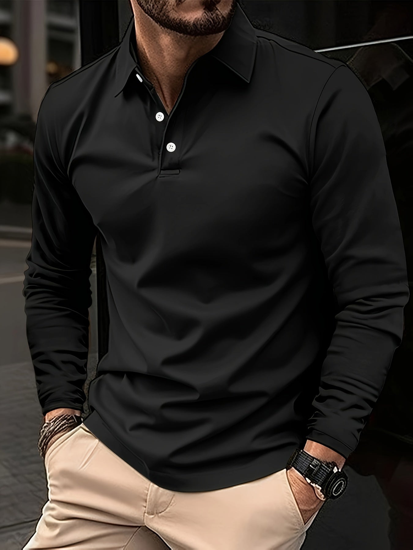 Solid Color Men's Comfy Stretch Long Sleeve Golf Lapel Shirt, Spring Fall, Gift For Men