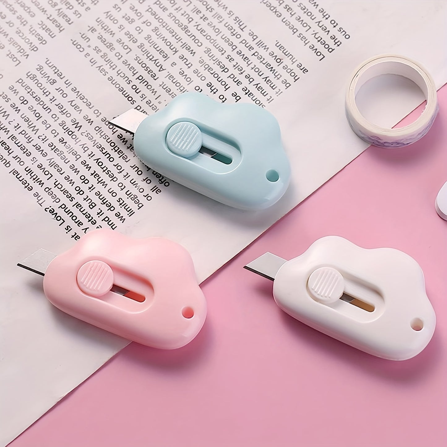 (3pcs \ u002Fset) Cute Cloud Color Mini faca utilitária portátil Cortador de papel para corte de papel Lâmina de barbear Papelaria para escritório (azul, rosa, branco)