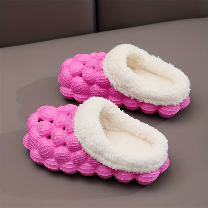 Girl's Ultra Soft Massage Bubble Slides With Warm Plush Lining, Relaxable Trendy Cushioned Non-slip Slippers For Kid's Indoor Home Shoes