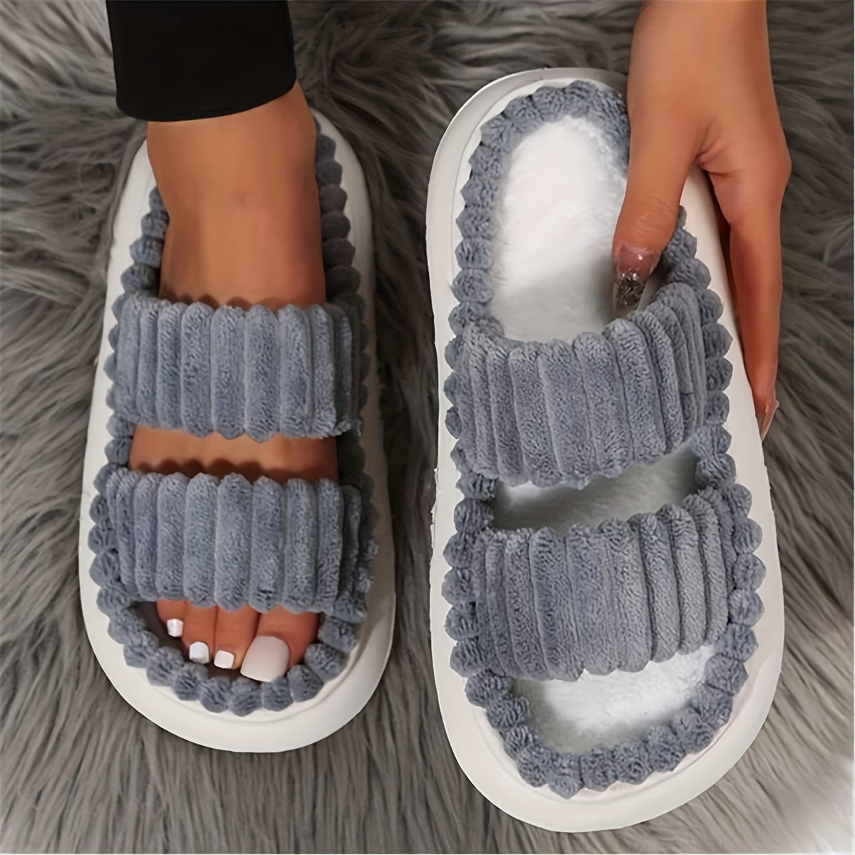 Women's Double Straps Plush Slippers, Solid Color Open Toe Non Slip Comfy Slides Shoes, Fashion Indoor Platform Slippers