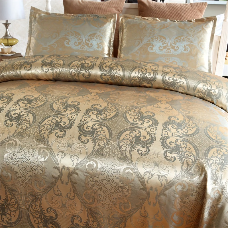 Conjunto luxuoso de capa de edredom jacquard de cetim europeu de 3 peças - roupa de cama macia e sedosa para quarto e quarto de hóspedes (capa de edredom de 1 peça + fronhas de 2 peças)