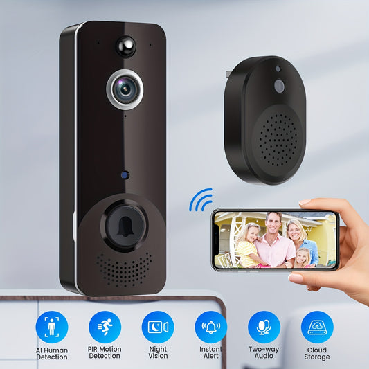Smart Wireless Doorbell Camera With Rechargeable Batteries, 2-Way Audio, AI Human Detection, PIR Motion Detector, 2.4G WiFi, HD Live Image, Night Vision, Instant Alerts, Cloud Storage & Chime - Home Security System