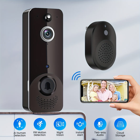 Câmera de campainha sem fio inteligente com baterias recarregáveis, áudio bidirecional, detecção humana AI, detector de movimento PIR, WiFi 2.4G, imagem HD ao vivo, visão noturna, alertas instantâneos, armazenamento em nuvem e carrilhão - sistema de segur