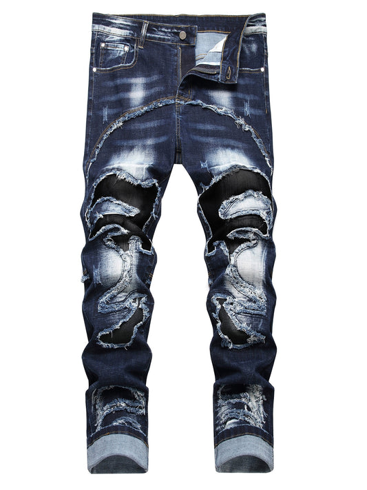 Men's Creative Raw Trim Jeans, Casual Street Style Stretch Ripped Jeans