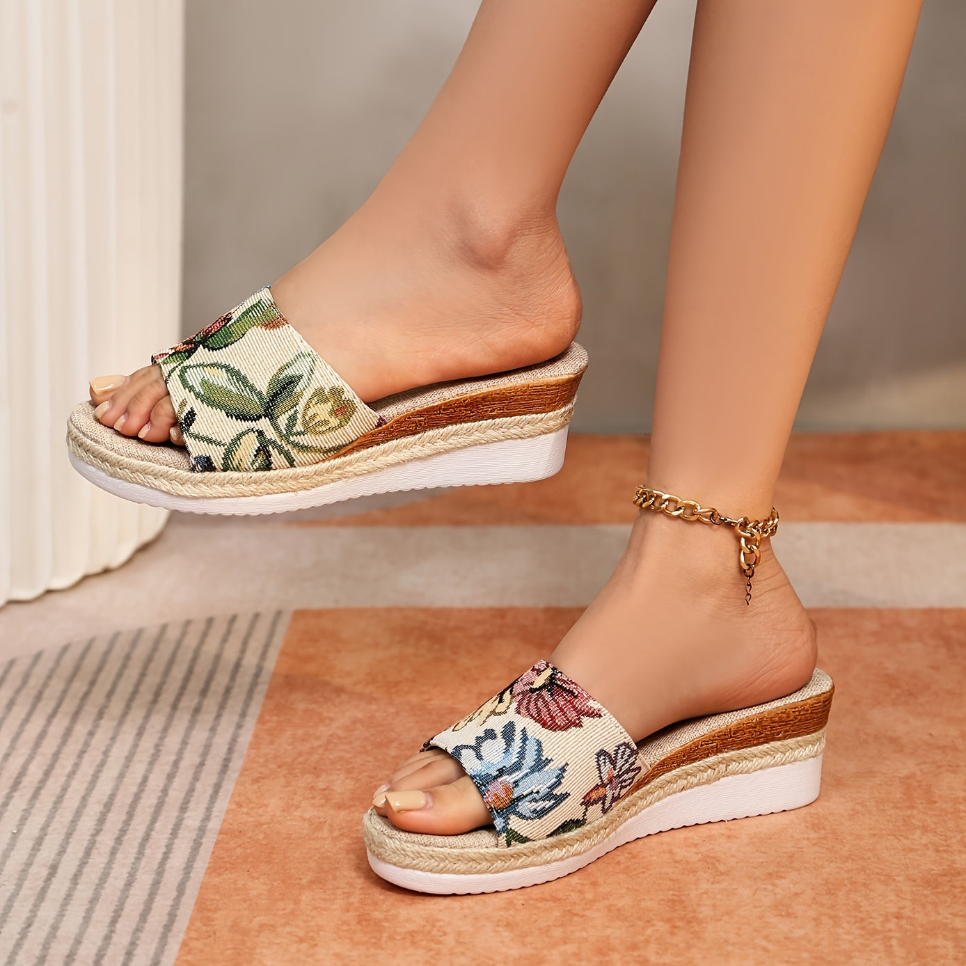 Women's Floral Pattern Wedge Slide Sandals, Casual Open Toe Espadrille Summer Shoes, All-Match Outdoor Sandals