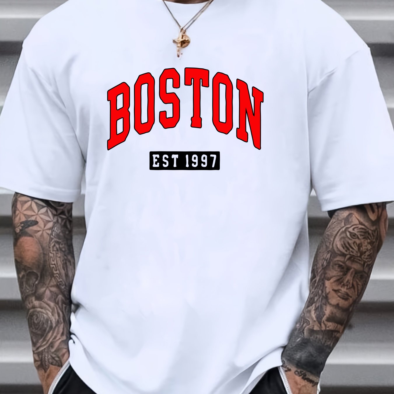 Boston Print Short Sleeve T-shirts For Men, Plus Size Stretchy Graphic Tees For Summer Casual Daily Style