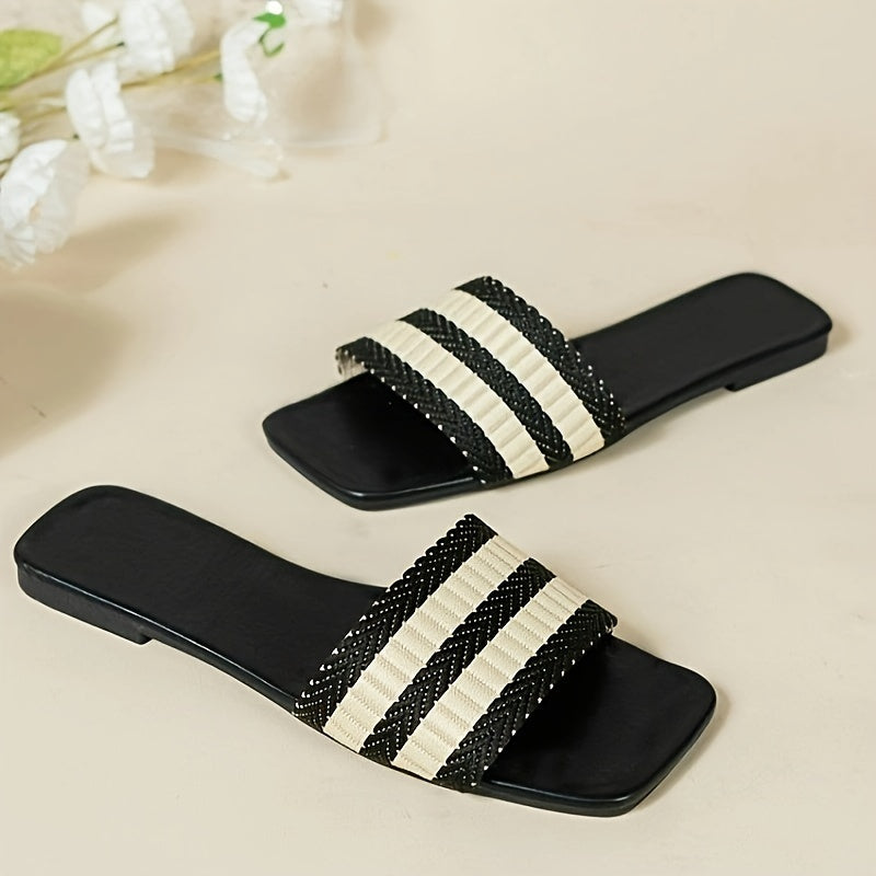 Women's Striped Pattern Slide Sandals, Casual Square Toe Flat Summer Shoes, Lightweight Beach Shoes