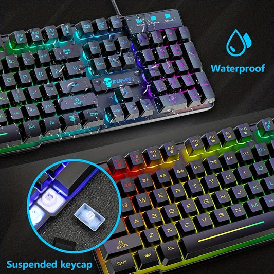 Wired Gaming Keyboard Mouse Headphone and Speaker Combo with Multi RGB Backlight Ergonomic 104 Key Adjustable Mic 2400DPI Mice Large Mousepad Waterproof for PC Mac Gamer Office Typist