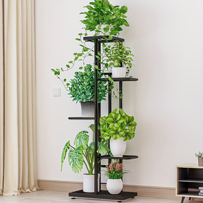 1pc 5 capas hierro forjado estante de la flor con 6 ollas-perfecto para balcón, plantas suculentas y decoración del hogar-Simple planta de montaje soporte para sala de estar