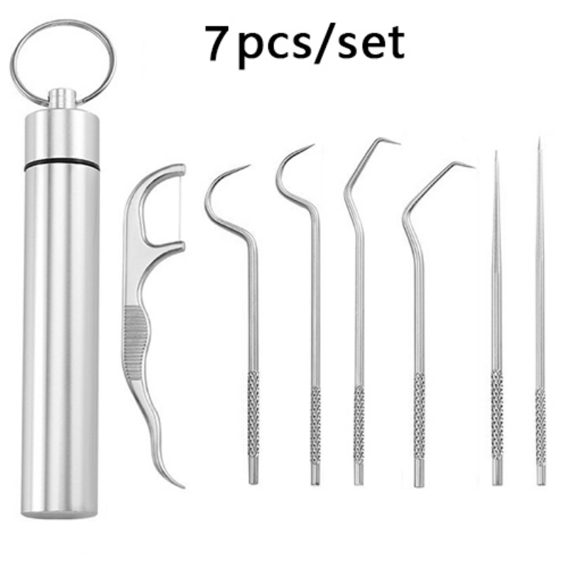 Kit de limpeza dentária profissional de aço inoxidável 7pcs - palitos reutilizáveis, fio dental portátil e limpador de dentes - perfeito para uso doméstico!