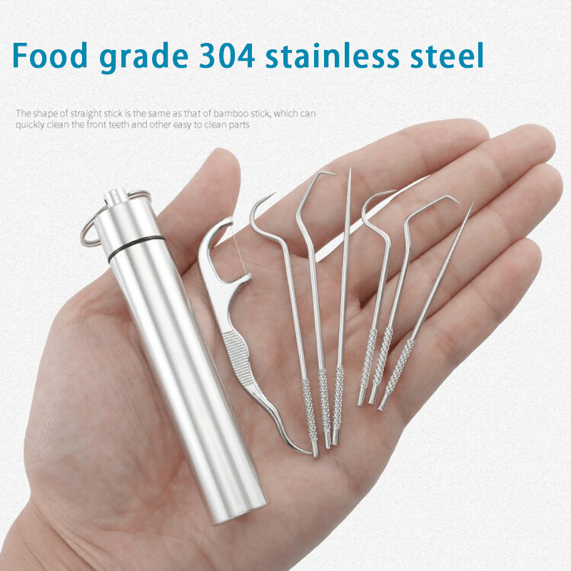 7pcs Stainless Steel Professional Dental Cleaning Kit - Reusable Toothpicks, Portable Floss & Teeth Cleaner - Perfect for Home Use!