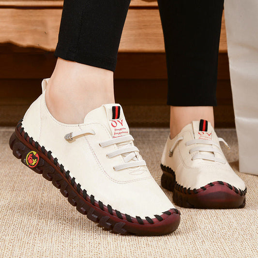 Women's Handmade Lace-up Sneakers, Lightweight Solid Color Non-slip Low Top Shoes, Casual Walking Shoes