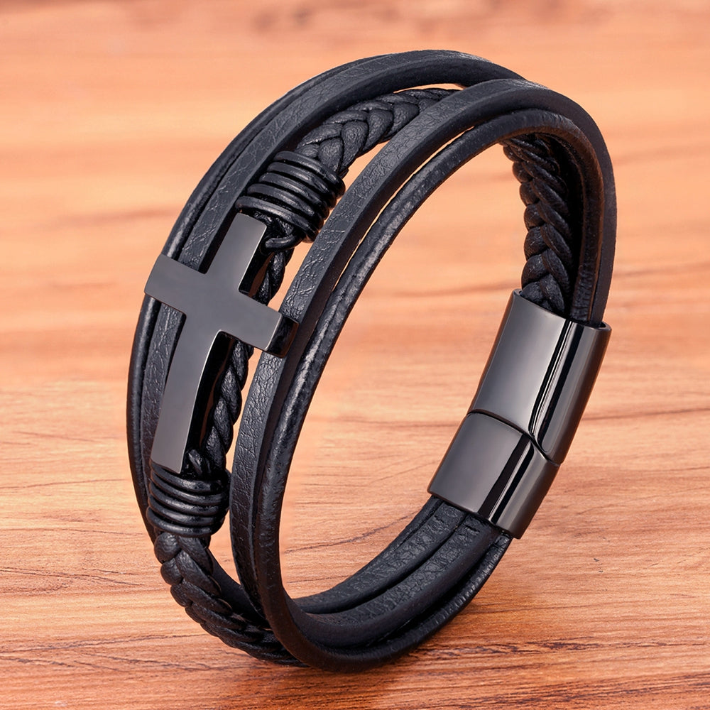 Luxury Multicolor Cross Design Classic Stainless Steel Men's PU Leather Bracelet 7.48\u002F8.27\u002F9.06inch Choose Handsome Christmas Gifts