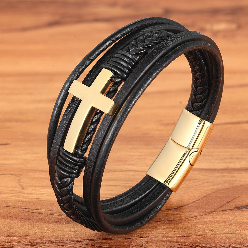 Luxury Multicolor Cross Design Classic Stainless Steel Men's PU Leather Bracelet 7.48\u002F8.27\u002F9.06inch Choose Handsome Christmas Gifts