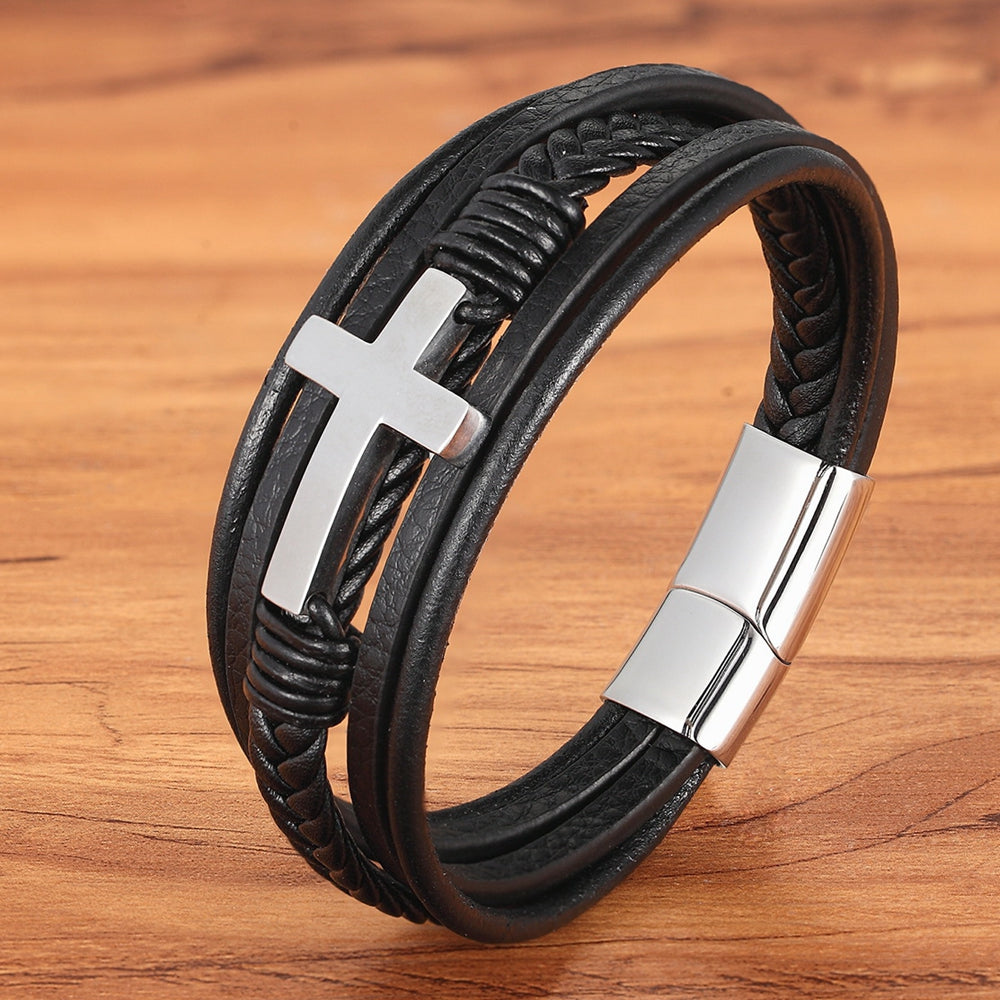 Luxury Multicolor Cross Design Classic Stainless Steel Men's PU Leather Bracelet 7.48\u002F8.27\u002F9.06inch Choose Handsome Christmas Gifts