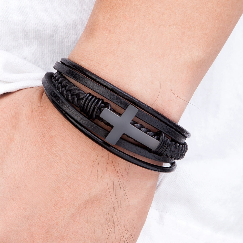 Luxury Multicolor Cross Design Classic Stainless Steel Men's PU Leather Bracelet 7.48\u002F8.27\u002F9.06inch Choose Handsome Christmas Gifts