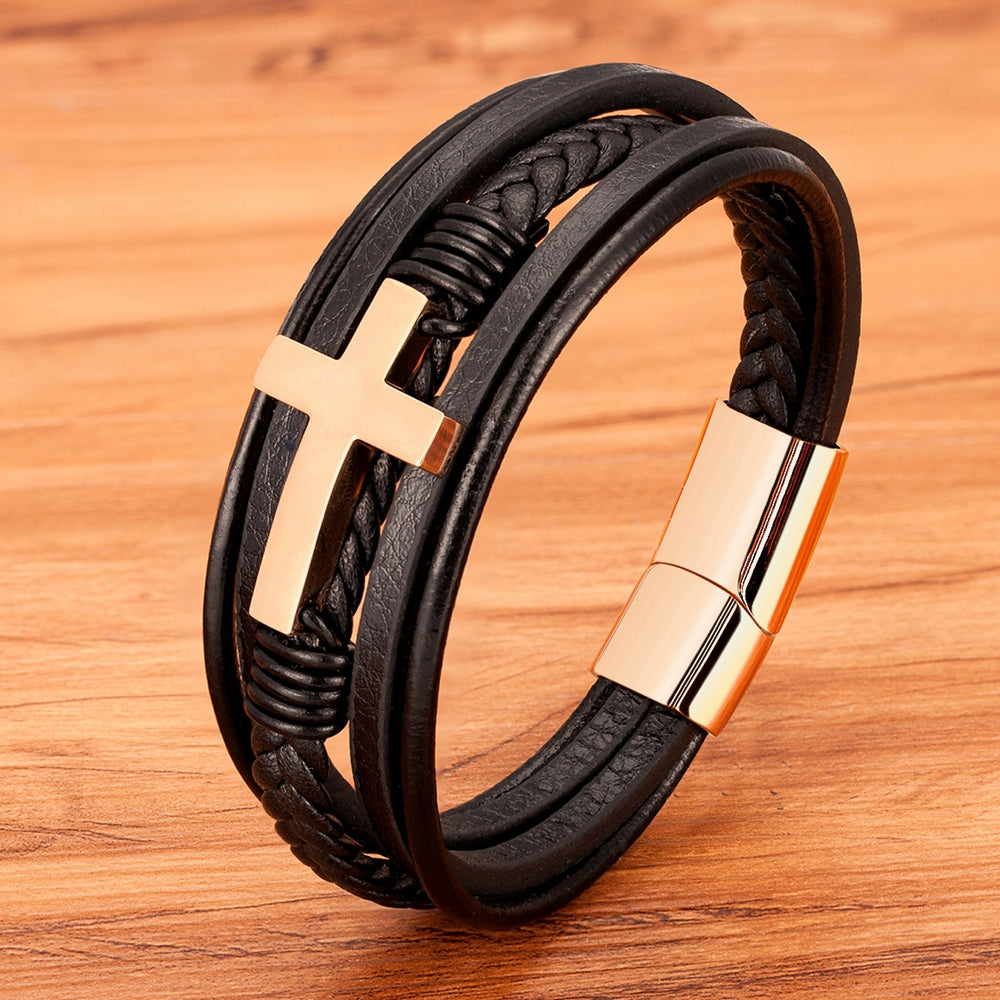 Luxury Multicolor Cross Design Classic Stainless Steel Men's PU Leather Bracelet 7.48\u002F8.27\u002F9.06inch Choose Handsome Christmas Gifts