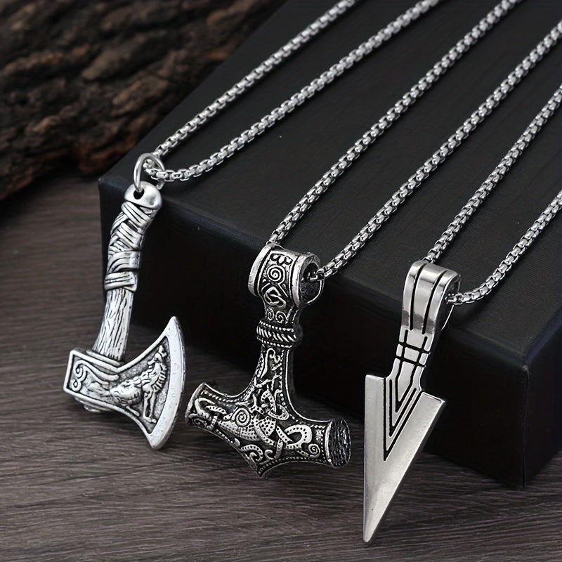 3pcs Viking Style Necklaces For Men, Hammer Compass Celtic Knot Wolf Ax Pendant Necklace, Nordic Amulet Pendant Necklace Holiday Jewelry Gift