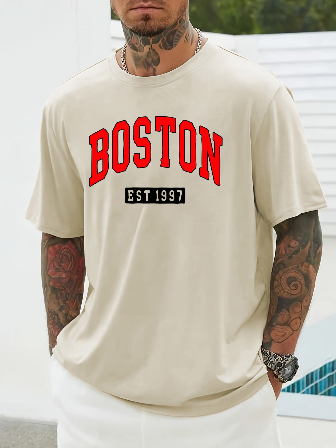 Boston Print Short Sleeve T-shirts For Men, Plus Size Stretchy Graphic Tees For Summer Casual Daily Style